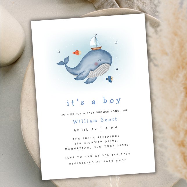 Minimal Under The Sea Val Nautica Barnkalas  Inbjudningar (Minimal Under The See Whale Nautica Baby Shower Invitation)