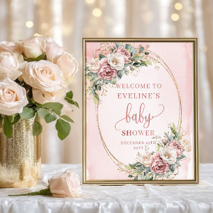 Minimal Välkomst Dammtrosa Blommor Guldglitter Poster