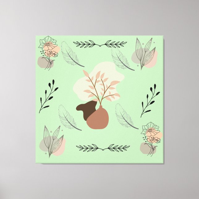 Minimal vase, feathers and floral boho art- canvastryck (Framsida)