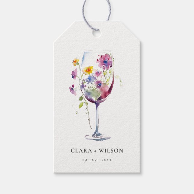 Minimal vattenfärg Blommigt Vin Glass Bröllop Presentetikett (Framsidan)