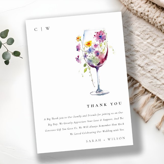 Minimal vattenfärg Blommigt Vin Glass Bröllop Tack Kort (Skapare uppladdad)