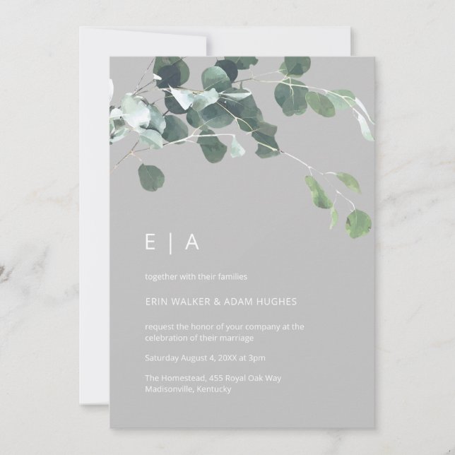 Minimal vattenfärg Eucalyptus Greenery Monogram Inbjudningar (Framsida)