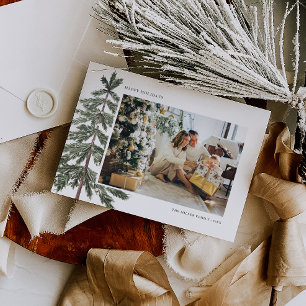 Minimal vattenfärgsfamiljefoto i Julgran Julkort