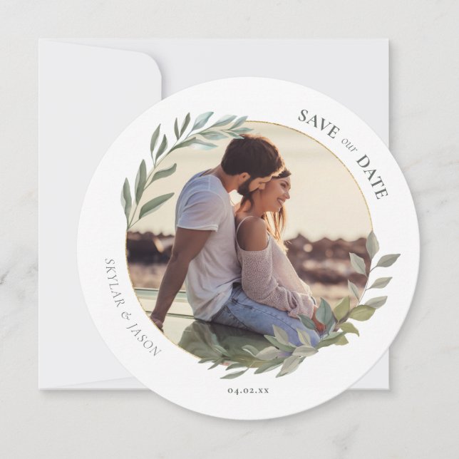 Minimal vattenfärgsfoto för lövning och Guld-cirke Spara Datumet (Framsida)