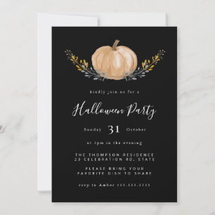 Minimal vattenfärgspumpkin Halloween Black Party Inbjudningar