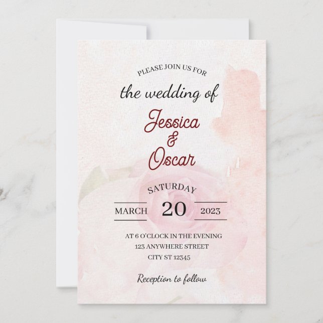Minimal Vintage Rosa ros bröllopsinbjudan Inbjudningar (Framsida)