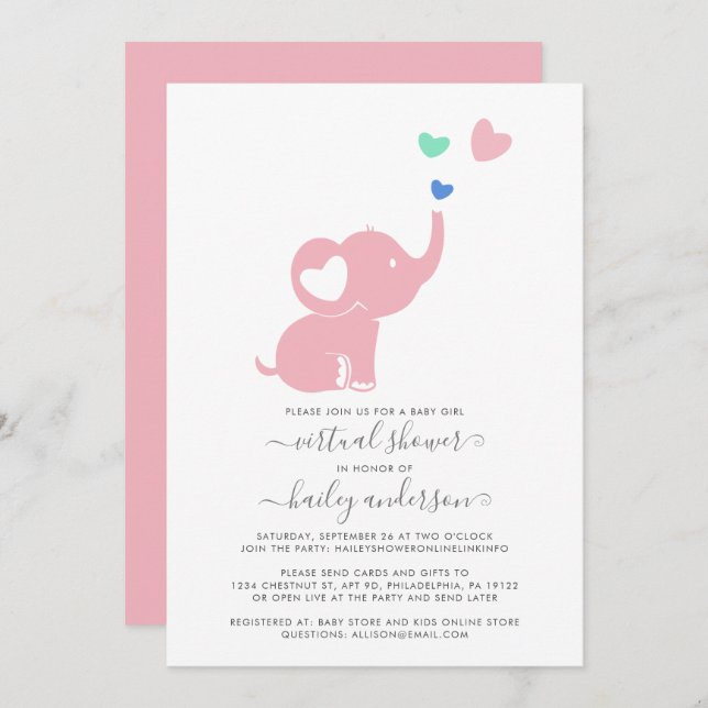 Minimal Virtuell babydusch Rosa Girl Girl Elephant Inbjudningar (Fram/baksida)