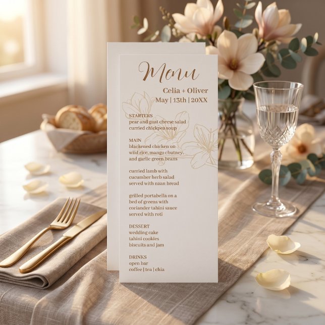 Minimal vit blomsterbröllopsmeny Kort med Elegant (Minimal White Floral Wedding Menu Card with Elegant Blooming Design)