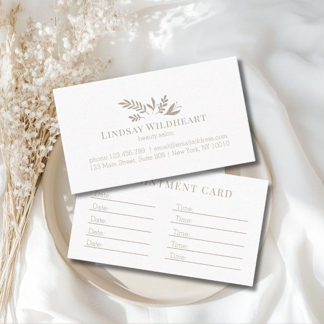Minimal Vit Botanisk Salong Tidsbeställning Kort (Custom Minimal White Botanical Salon Appointment Card)