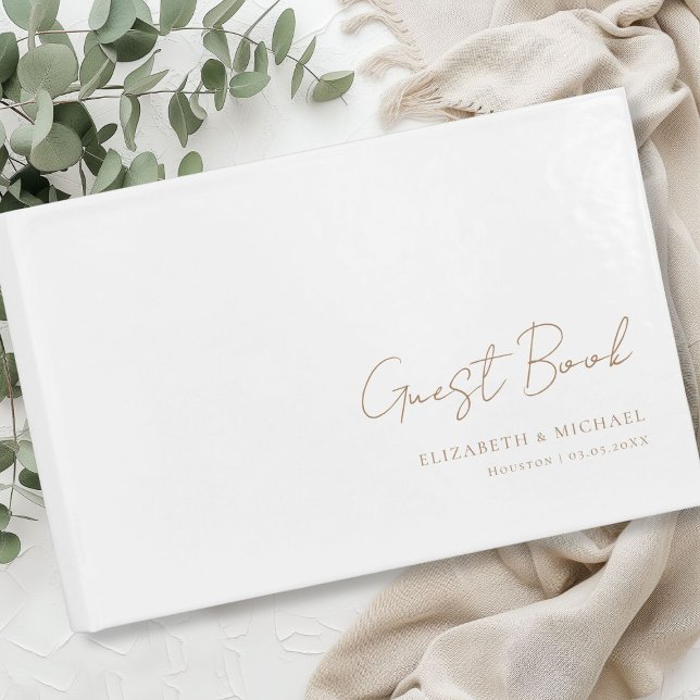 Minimal, vit handskriftsskript Bröllop Gästböcker (Minimal, White and brown Handwriting Script Wedding Guest Book)