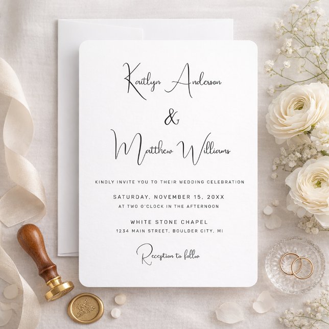Minimal Vit Modern Elegant Typografi Bröllop Inbjudningar (White with Black Script Wedding invitation
)