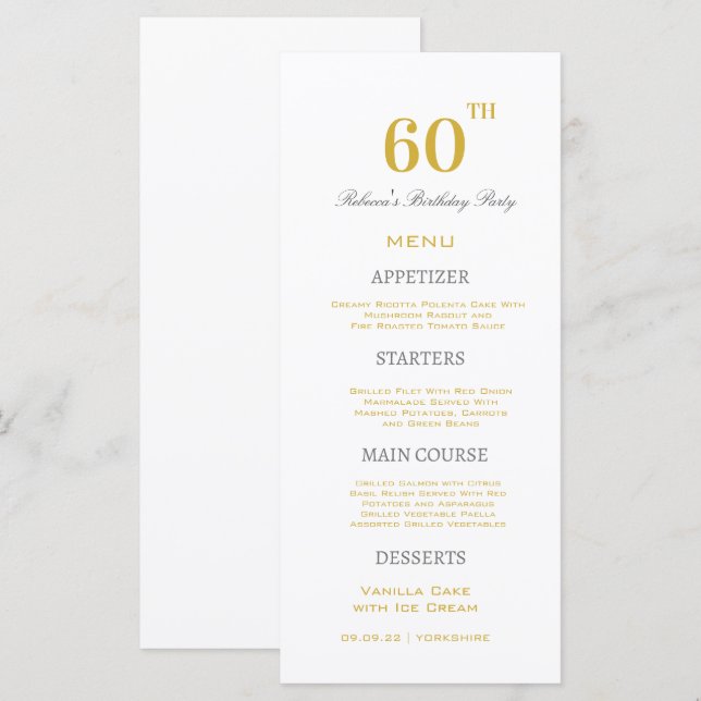 Minimal vit och Guld 60:e Födelsedagsfestens Anpas Meny (Fram/baksida)