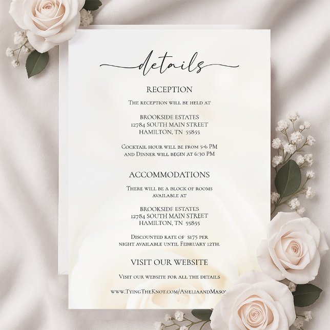 Minimal vit ros bröllopsdetaljer bifogad kort (Minimal White Rose Wedding Details Enclosure Card)