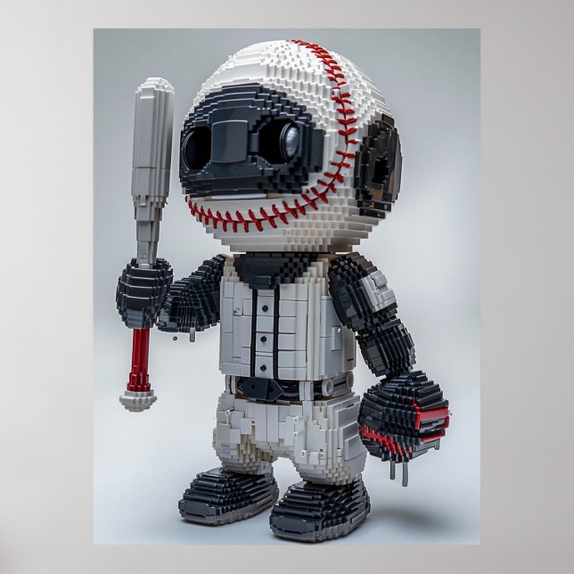 Minimal Voxel Idrottare i Vit Uniform – Baseboll  Poster (Framsidan)