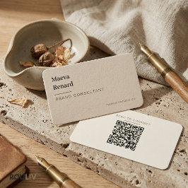 Minimal Warm Beige Linen Texture QR Code Freelance Visitkort