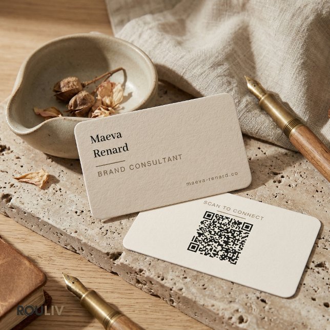 Minimal Warm Beige Linen Texture QR Code Freelance Visitkort (Wabi-Sabi Warm Beige Linen Texture QR Code Creative Freelancer Business Card
)
