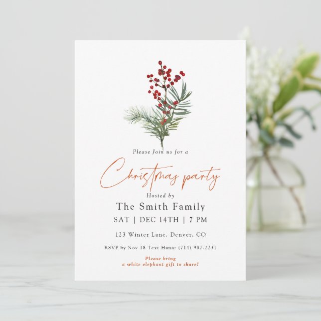 Minimal Watercolor Berry Christmas Party Inbjudningar (Stående Fram)