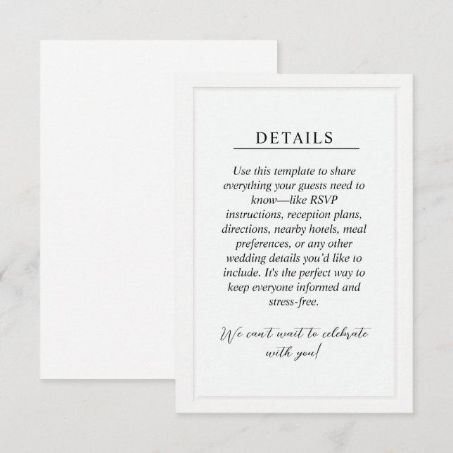 Minimal Wedding Details Enclosure Card Tilläggskort (Fram/baksida)