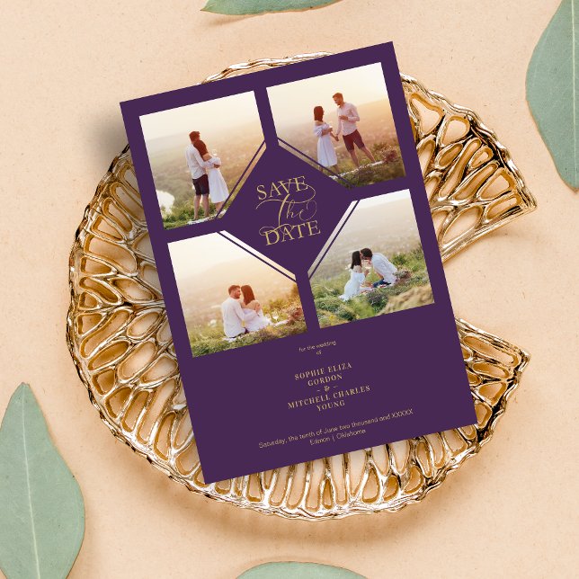 Minimal Wedding Purple & Gold 4-Photos Collage Spara Datumet (Minimal Wedding Purple & Gold 4-Photos Collage Save the date Card.)