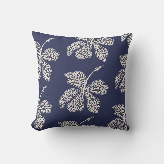 Minimal White Hibiscus Floral Navy Blue Design Kudde (Framsida)