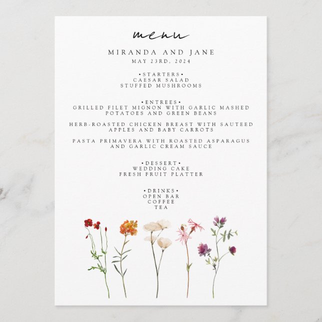 Minimal WildblomLesbisk Pride Blommigt Bröllop Meny (Framsida)