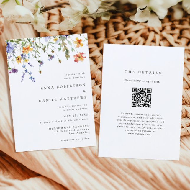 Minimal Wildflower QR Code Wedding Invitation Inbjudningar (Skapare uppladdad)