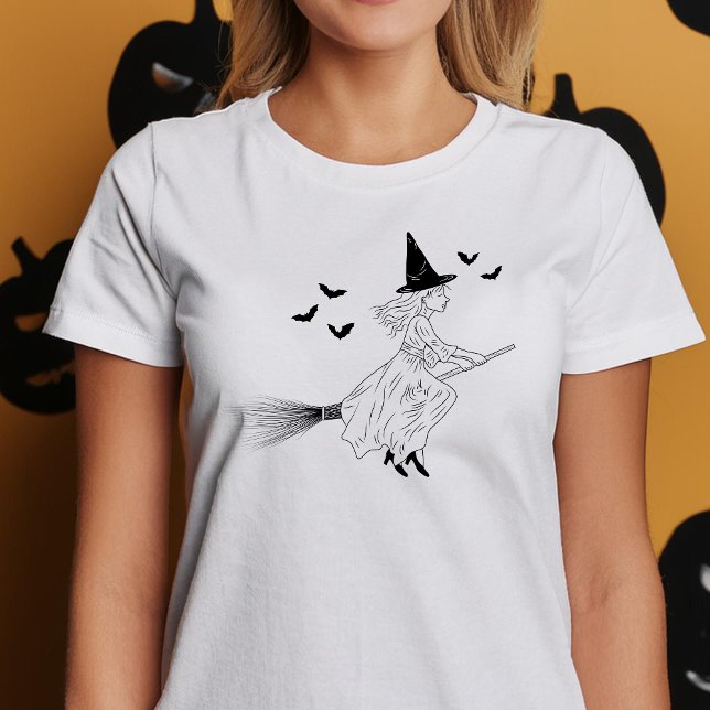 Minimal Witch och Fladdermus Black Line Art Hallow T Shirt (Disclaimer: This image is a digital mockup.)