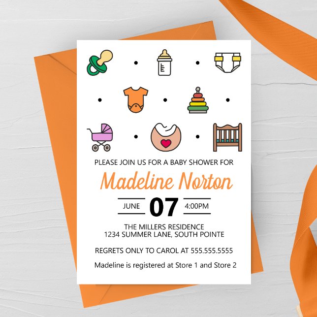 Minimala Babyikoner Bebisdopp Inbjudningar (Modern Minimalist Baby Shower Line Icons Baby Shower Invitation)