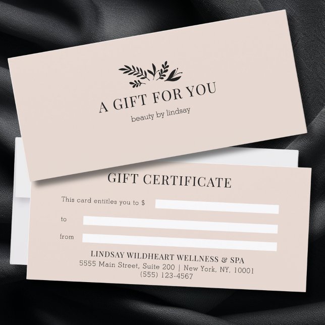 Minimala Beige Botaniska Affärspresentcertifikat (Minimal Beige-Blush Botanical Custom Salon Business Gift Certificates)