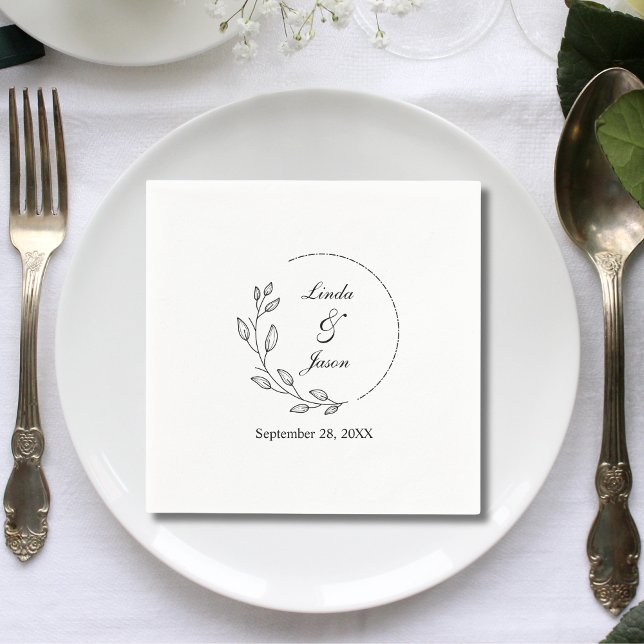 Minimala blad Modern kalligrafi Anpassad bröllopsc Pappersservett (Minimal leaf modern calligraphy custom napkins add a stylish personal touch to your wedding table)