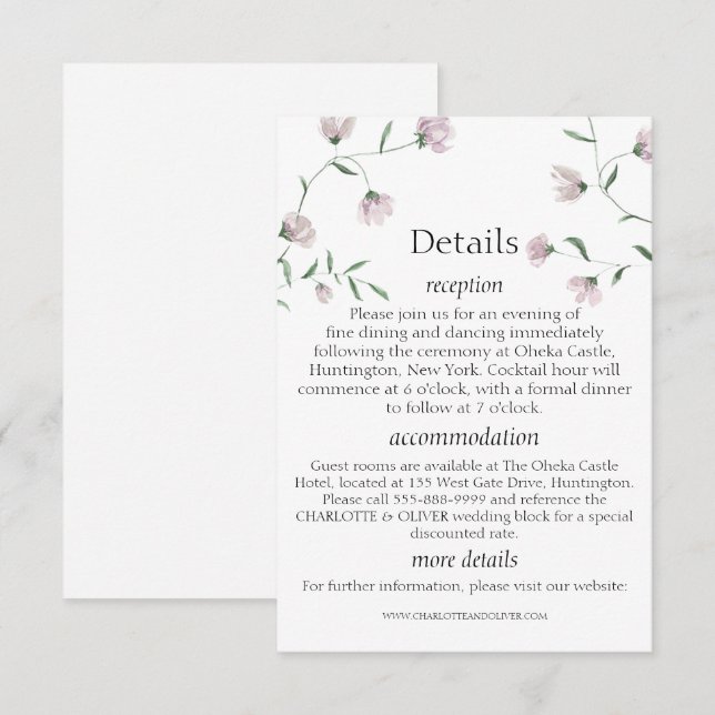 Minimala Bröllopsdetaljkort med Rosa Blommor Tilläggskort (Fram/baksida)