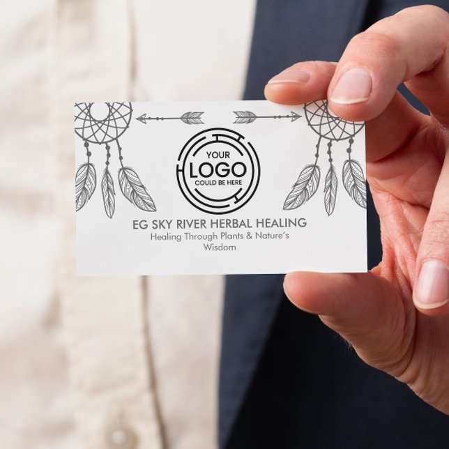 Minimala drömcatcher, fjädrar, pilar Hälsa Visitkort (tribal-inspired monochrome design with dream-catcher  feather illustrations, soft gray business card)