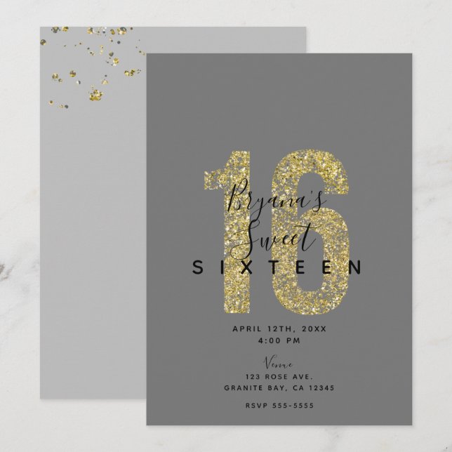 Minimala grå guldflingor 16 glitter 16-årsdag  inbjudningar (Fram/baksida)