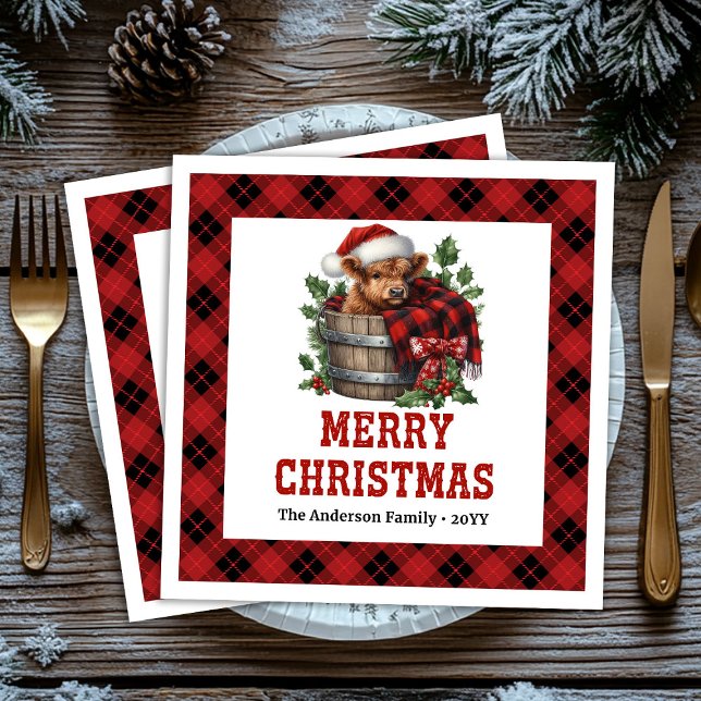 Minimala Highland-ko nappar röda svarta karterade  Pappersservett (Minimal highland cow red black plaid napkin)