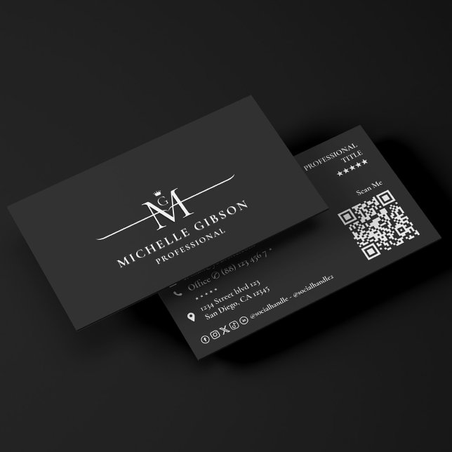 Minimala initialer Kronmonogram Svart marknadsföri Visitkort (Minimal Initials Crown Monogram Black Marketing Business Card
)