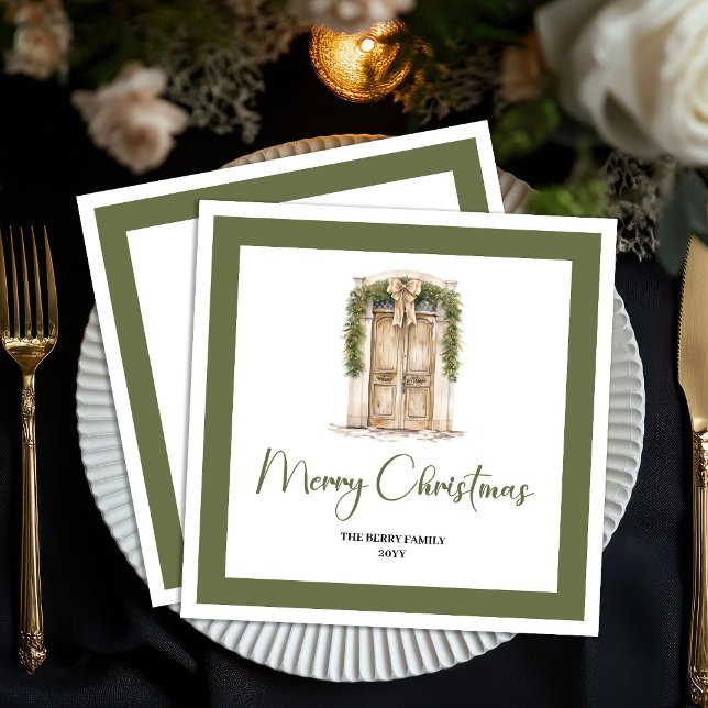 Minimala juldörrsfamiljens namn servetter med skri (Minimal Script Christmas Door Family Name Napkins)