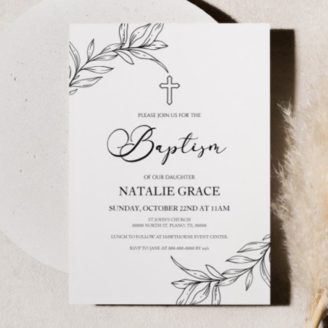 Minimala minimalistiska Gren Lövs-baptism Inbjudningar (Skapare uppladdad)