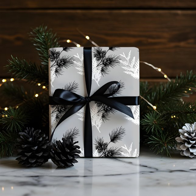 Minimala monokroma festive Cedar Löv & Pinecones Presentpapper (Minimal Monochrome Festive Cedar Leaf & Pinecones Wrapping Paper)