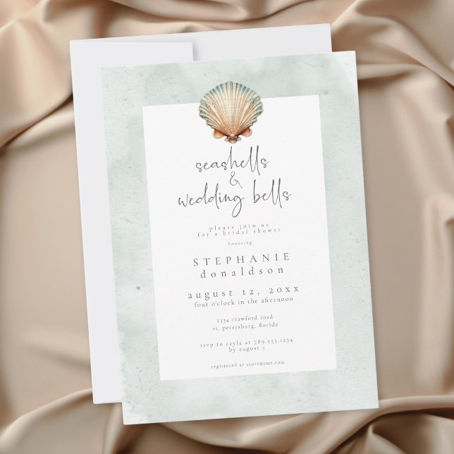 Minimala snigelskal & bröllopsklockor Bröllopsdusc Inbjudningar (Minimal Seashells & Wedding Bells Bridal Shower Invitation)