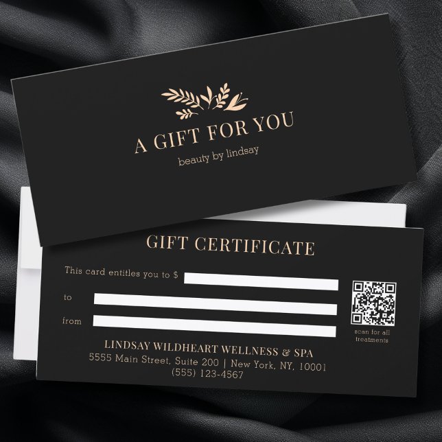 Minimala svarta botaniska QR-kod presentkort (Minimal Black Botanical Salon QR Code Business Gift Certificates)
