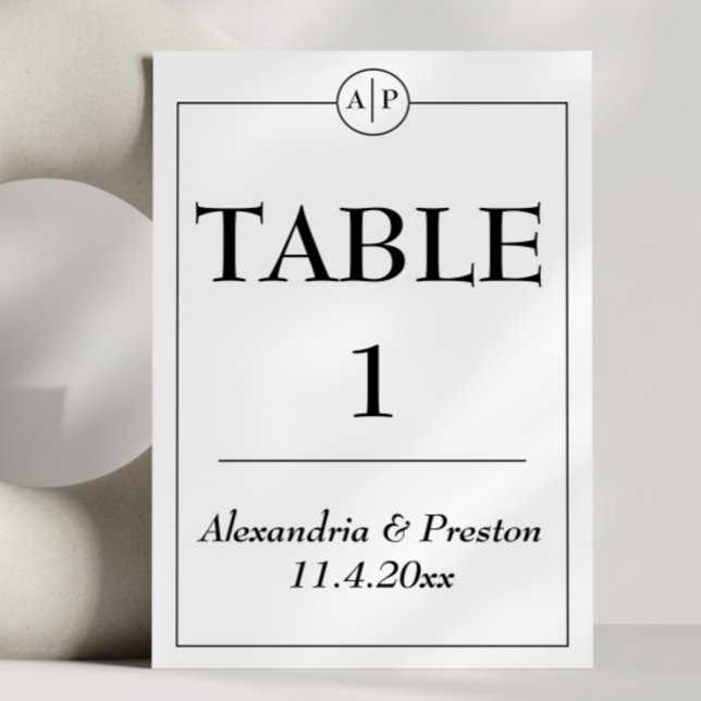 Minimala svartvita Bordsnummer med monogram (This classic black and white monogram initial table number is a compliment to your wedding decor)