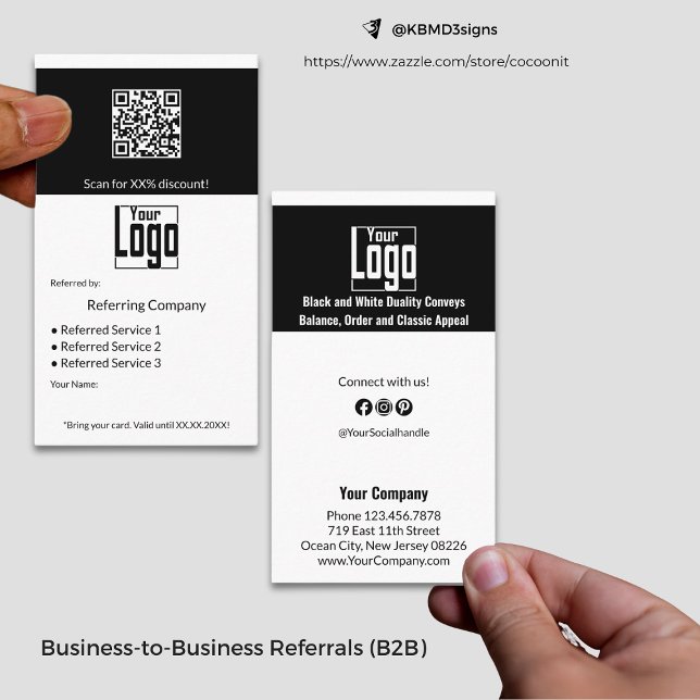 Minimala svartvitt-tjänster QR-kod B2B Rabattkort (Minimal Black & White Services QR Code B2B Referral Card, Business to Business Partnership Promotion)
