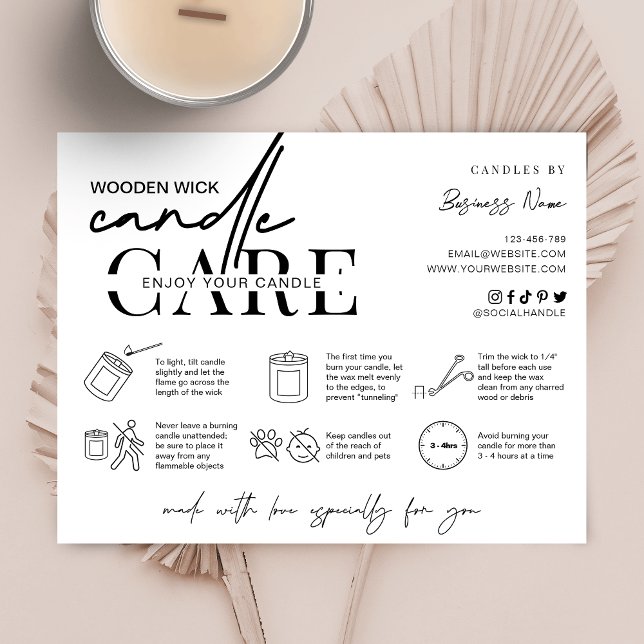 Minimala tvättinstruktioner för trästråd tack kort (Minimal wooden wick candle care instructions cards with care icons and space for your logo)