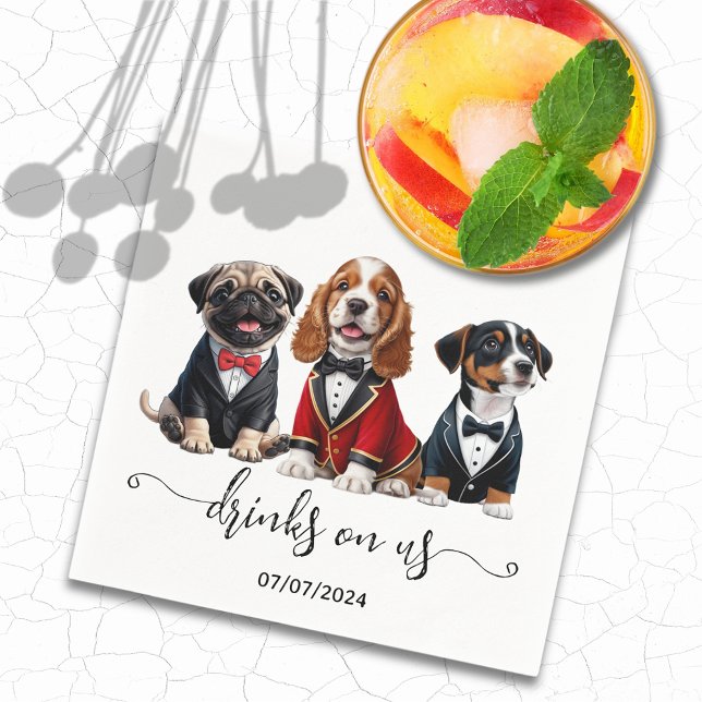 Minimala valpar trio-drickare på USA Hund Bröllop Pappersservett (Minimal Puppies Trio Drinks On Us Dog Wedding Napkins)