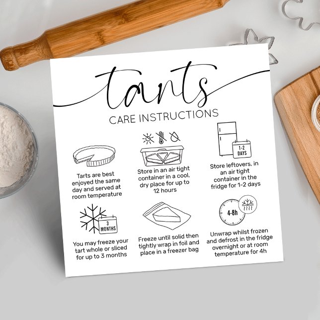 Minimala vårdinstruktioner för Quiche Paj Tarts i  Fyrkantigt Visitkort (Modern tarts care and storage instructions cards with icons and elegant fonts)