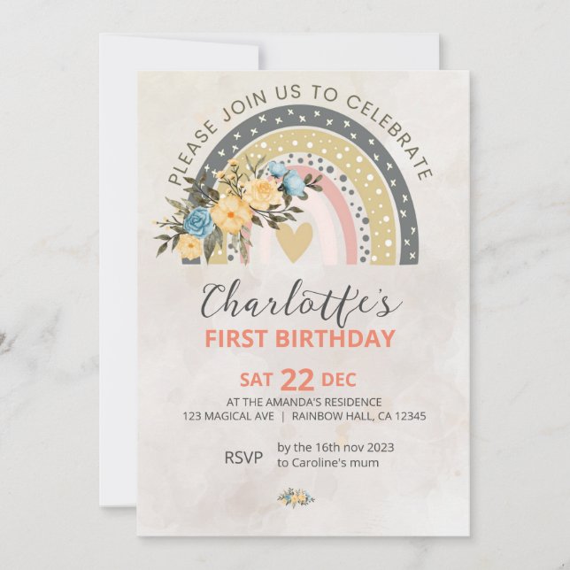 Minimali Pompas Grass Retro Rainbow Boho Birthday Inbjudningar (Framsida)