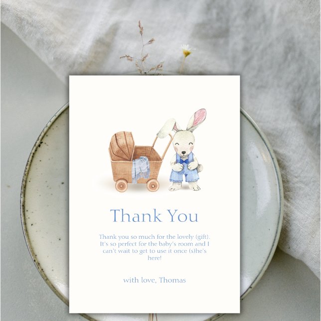 Minimalialist Boho Barnvagn Rabbit Boy Shower Tack Kort (Minimalist Boho Stroller Rabbit Boy Baby Shower Thank You Card)