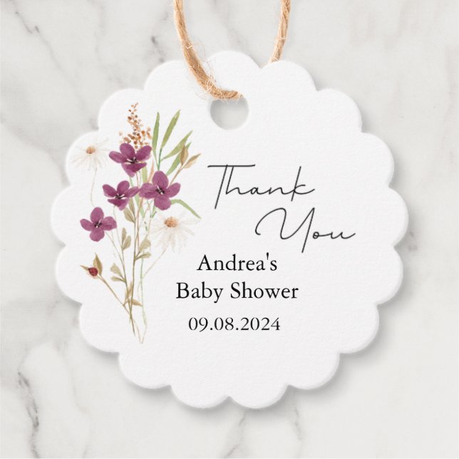 Minimalialist Wildblommes Lila Baby Shower Gåvor Etiketter (Framsida)