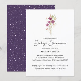 Minimalialist Wildblommes Lila Baby Shower Inbjudningar