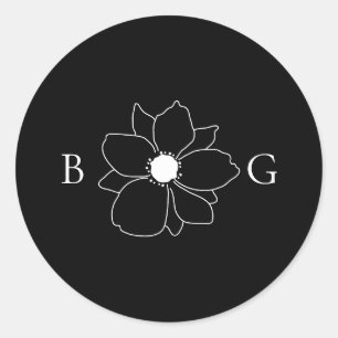 Minimalialist Wildblomshand-Drawn Monogram Bröllop Runt Klistermärke
